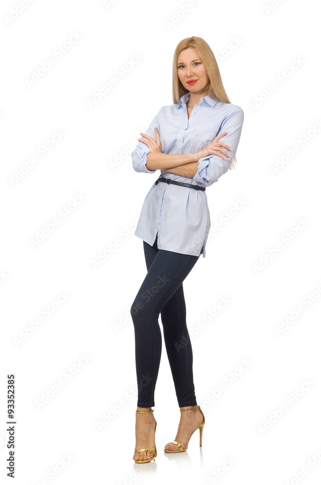 Woman in blue blouse isolated on white Woman in blue blouse isolated on white