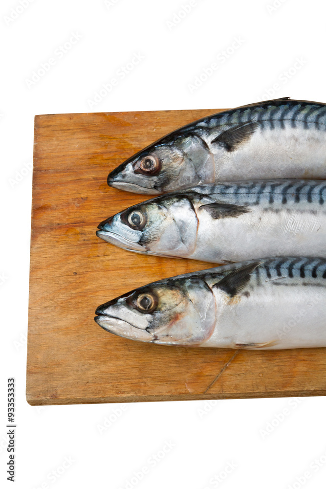 Three mackerel on a wooden Board isolated