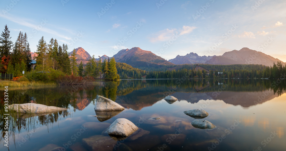 Fototapeta premium Panorama of Mountain lake in Slovakia - Strbske pleso
