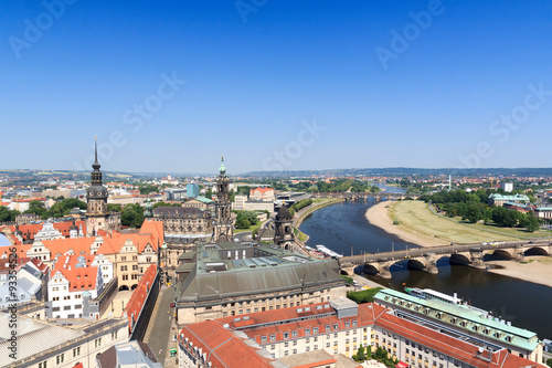 View of Dresden cityscape with river Elbe, Saxon Ständehaus, church Dresden Cathedral and tower Hausmannsturm