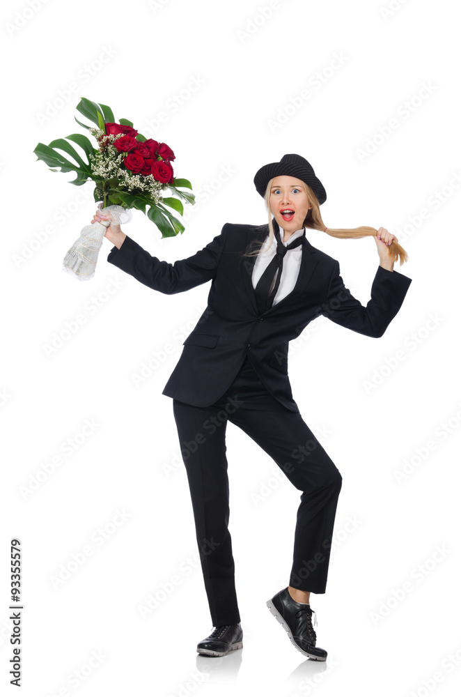 Woman with bunch of roses isolated on white Woman with bunch of roses isolated on white