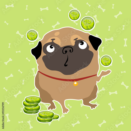 Pug dog finds the money, background with bones