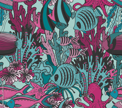 Vector colorful seamless sea pattern with tropical fishes