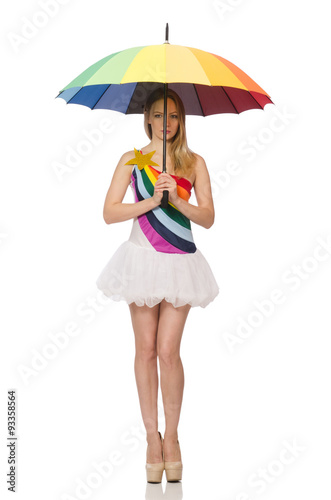 Woman with colorful umbrella on white © Elnur