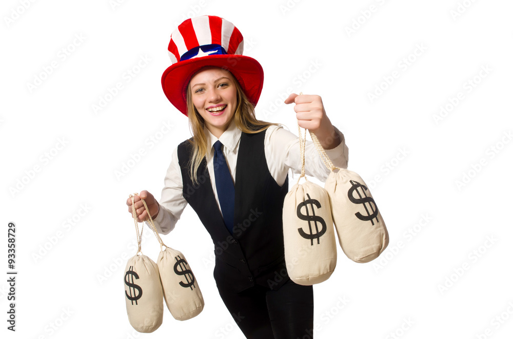 Woman with money sacks isolated on white Woman with money sacks isolated on white