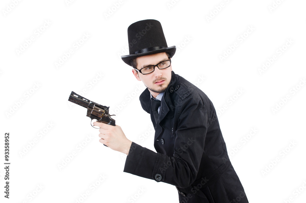 Young detective in black coat holding handgun isolated on white Young detective in black coat holding handgun isolated on white