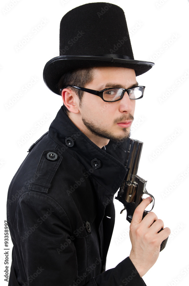 Young detective in black coat holding handgun isolated on white Young detective in black coat holding handgun isolated on white
