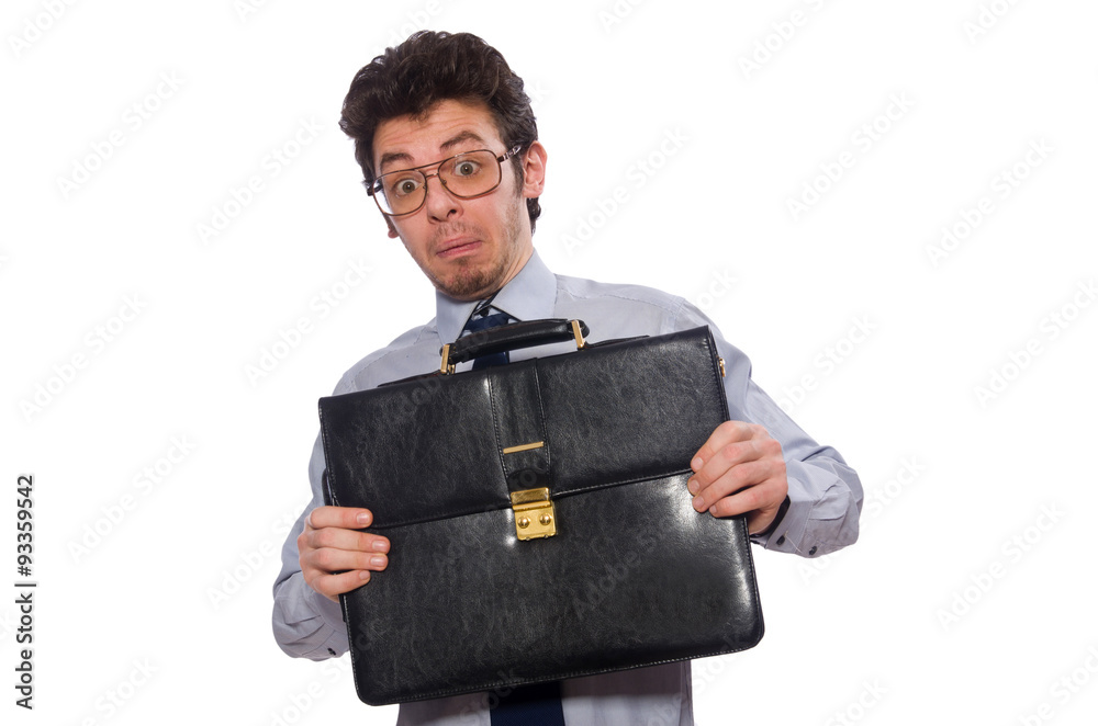 Young employee with briefcase isolated on white