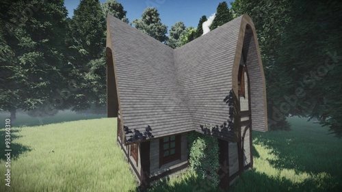 Walk around small wooden house in the forest. Looped animation. Cartoon.