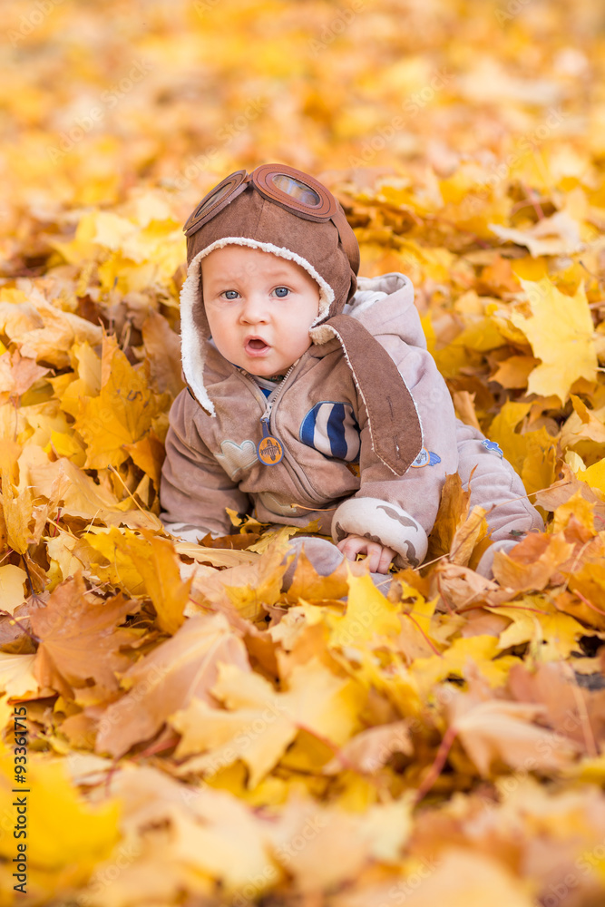 Cute baby in autumn leaves. Cute baby in autumn leaves.
