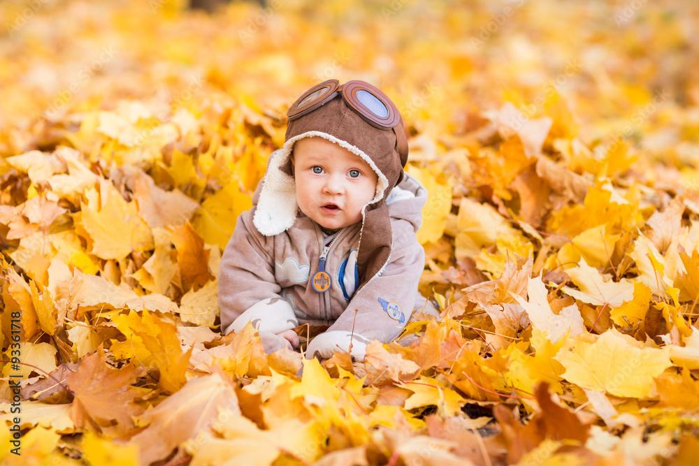 Cute baby in autumn leaves. Cute baby in autumn leaves.