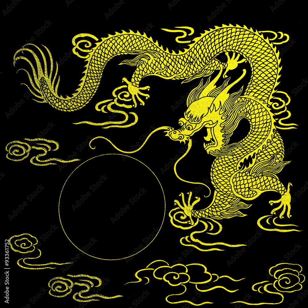 Naklejka premium Smok złoto na czarnym tle
