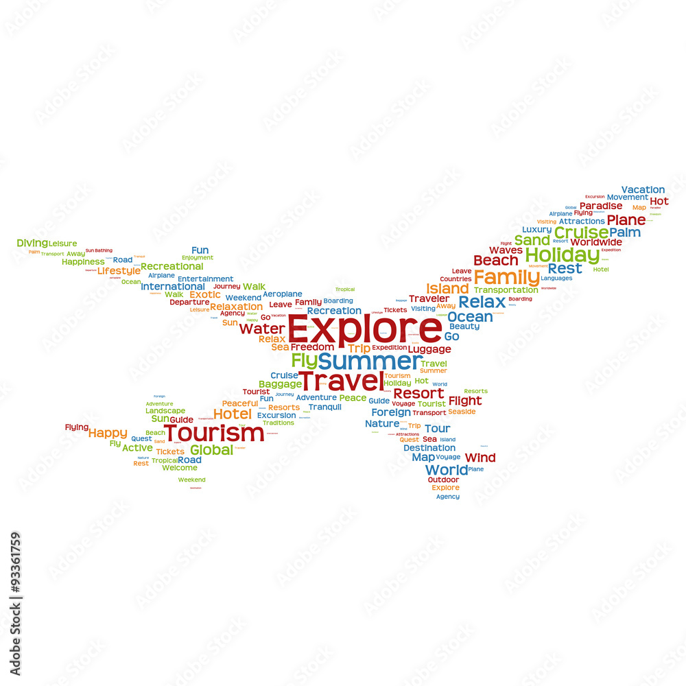 Concept or conceptual colorful plane silhouette travel tourism text word cloud 