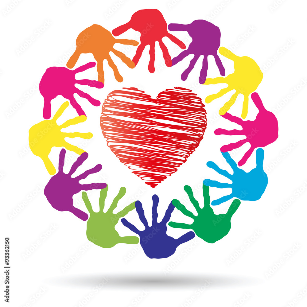 Vector concept circle of hands, red heart love symbol Vector concept circle of hands, red heart love symbol