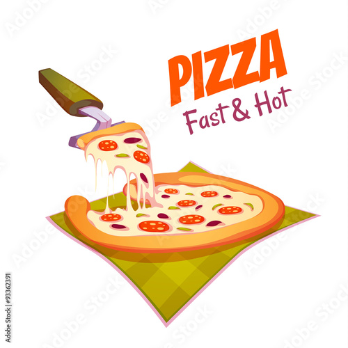 Vector illustration of hot pizza on the cloth