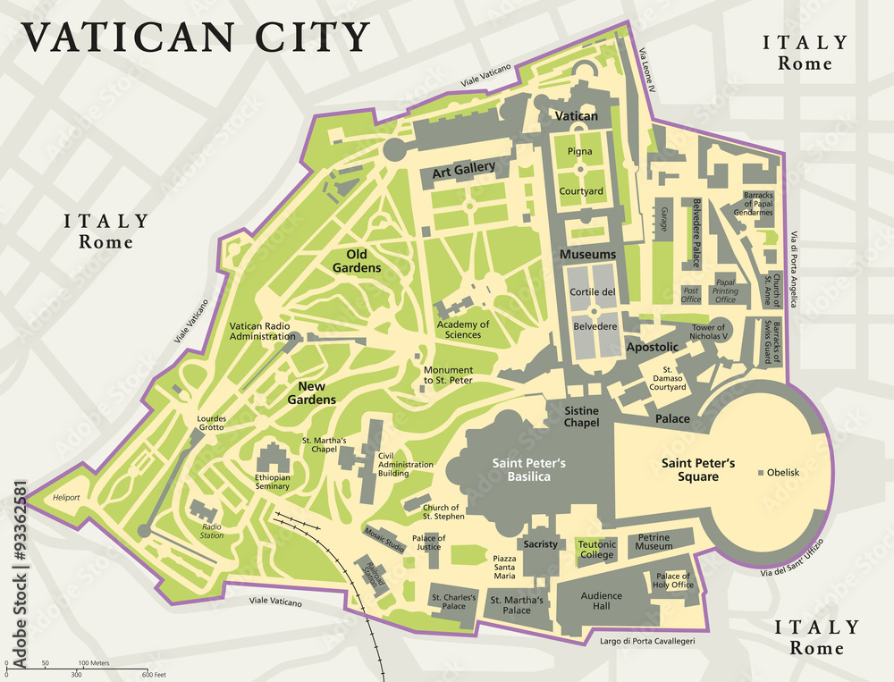 Vatican city political map. City state in Rome, Italy with national borders, important buildings, sights and gardens. English labeling and scaling. Illustration.