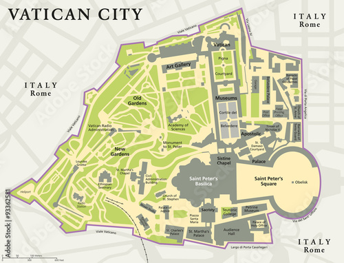 Vatican city political map. City state in Rome, Italy with national borders, important buildings, sights and gardens. English labeling and scaling. Illustration. photo