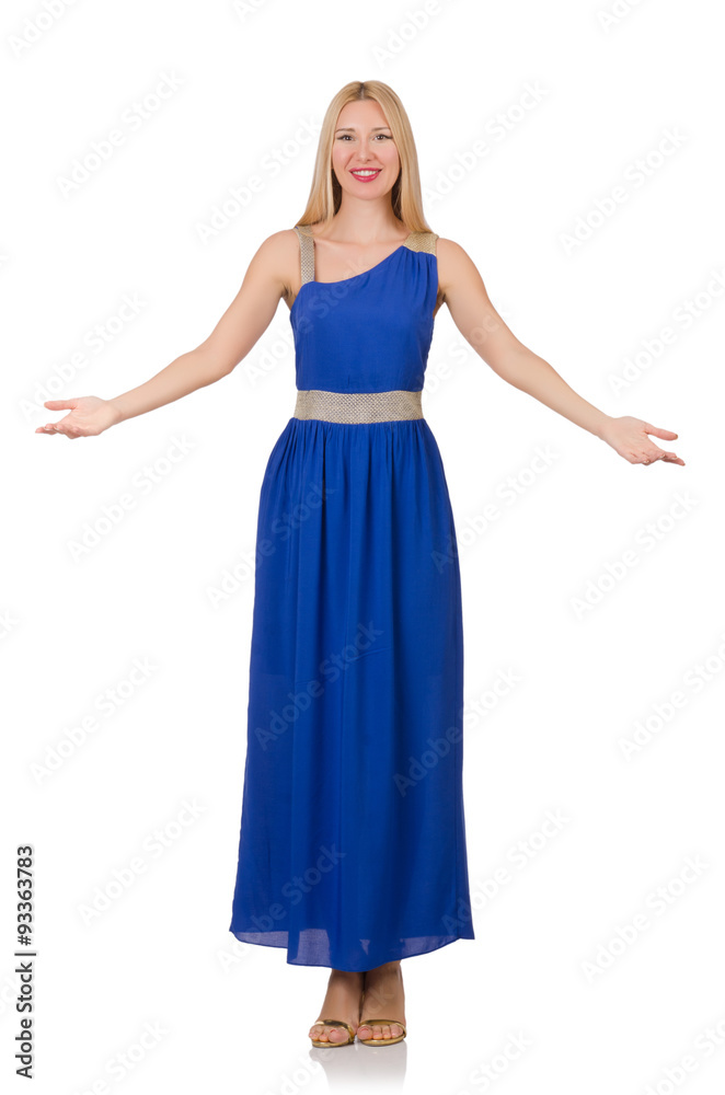 Beautiful woman in long blue dress isolated on white Beautiful woman in long blue dress isolated on white