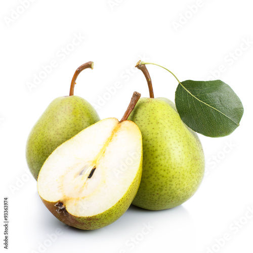 Two and a half green pears over white background