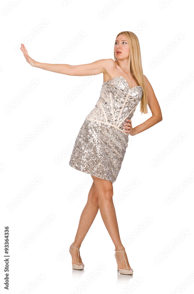 Young woman in silver dress isolated on white Young woman in silver dress isolated on white