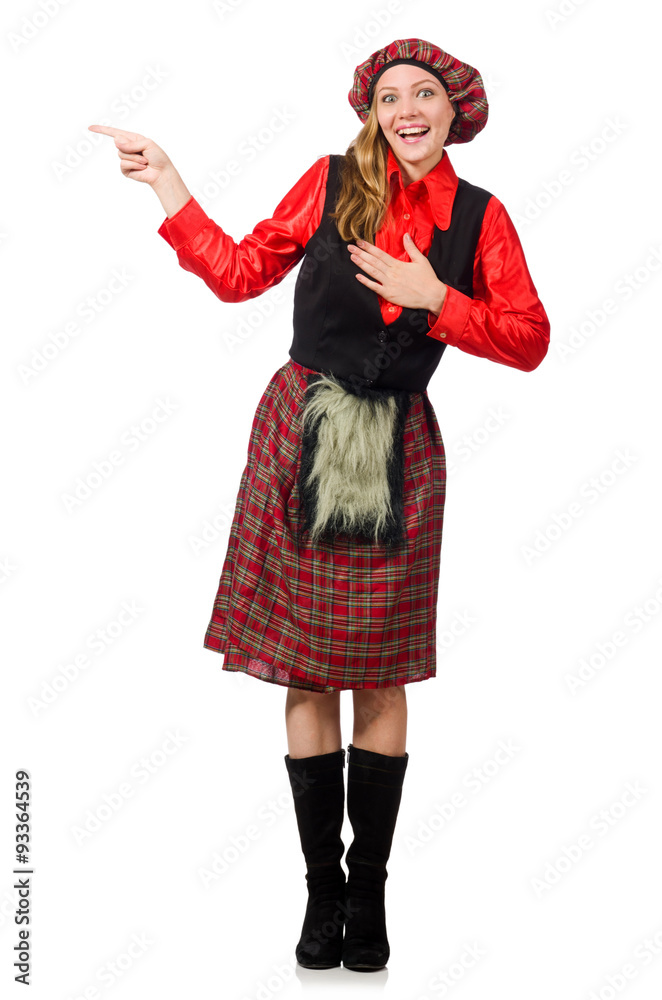 Funny woman in scottish clothing on white Funny woman in scottish clothing on white