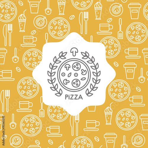 Pizza and coffee seamless pattern and emblem.