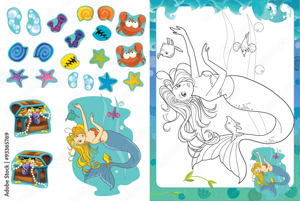 Cartoon scene of mermaid underwater - coloring page with stickers - illustration for children