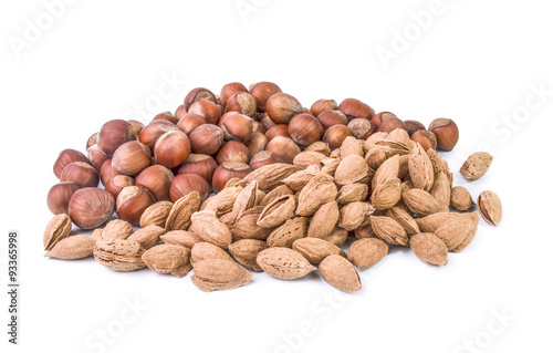 Nuts almonds and hazelnuts on a white