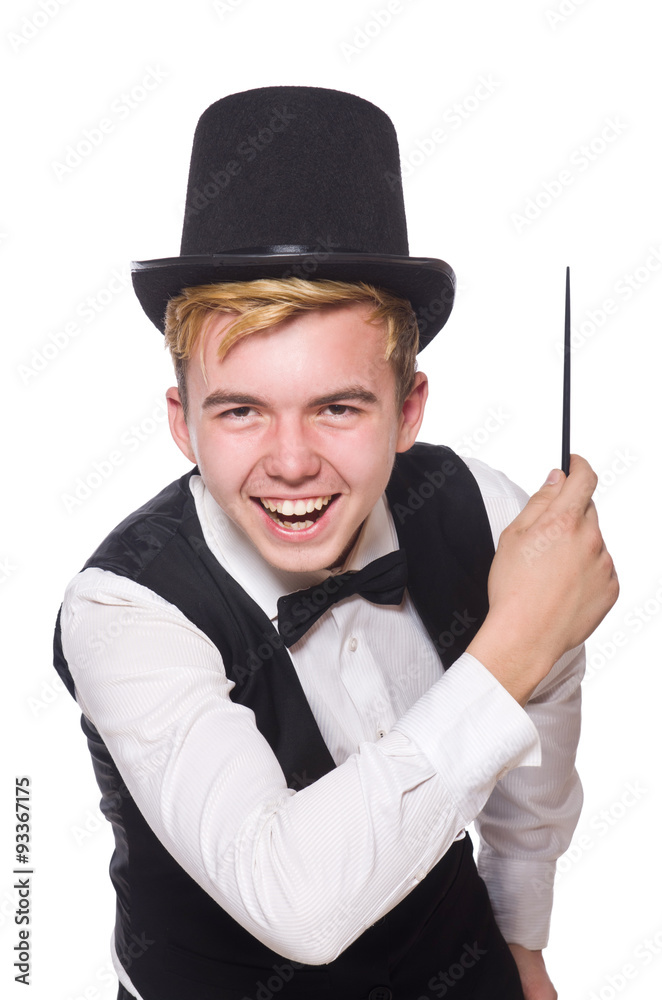 Magician with magic stick isolated on white Magician with magic stick isolated on white