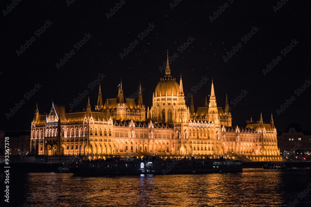 Obraz premium The Hungarian Parliament at night, Budapest, Hungary 