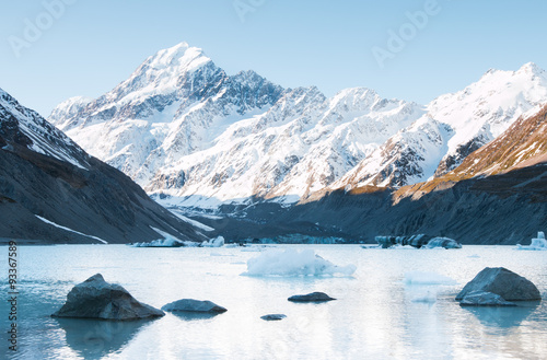 Stones and icebergs on Hooker Lake, Hooker Glacier, New Zealand photo