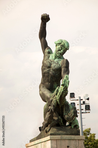 Side statue of the Liberty Statue  Freedom Statue  at the Citadel on Gellert hill in Budapest  Hungary  