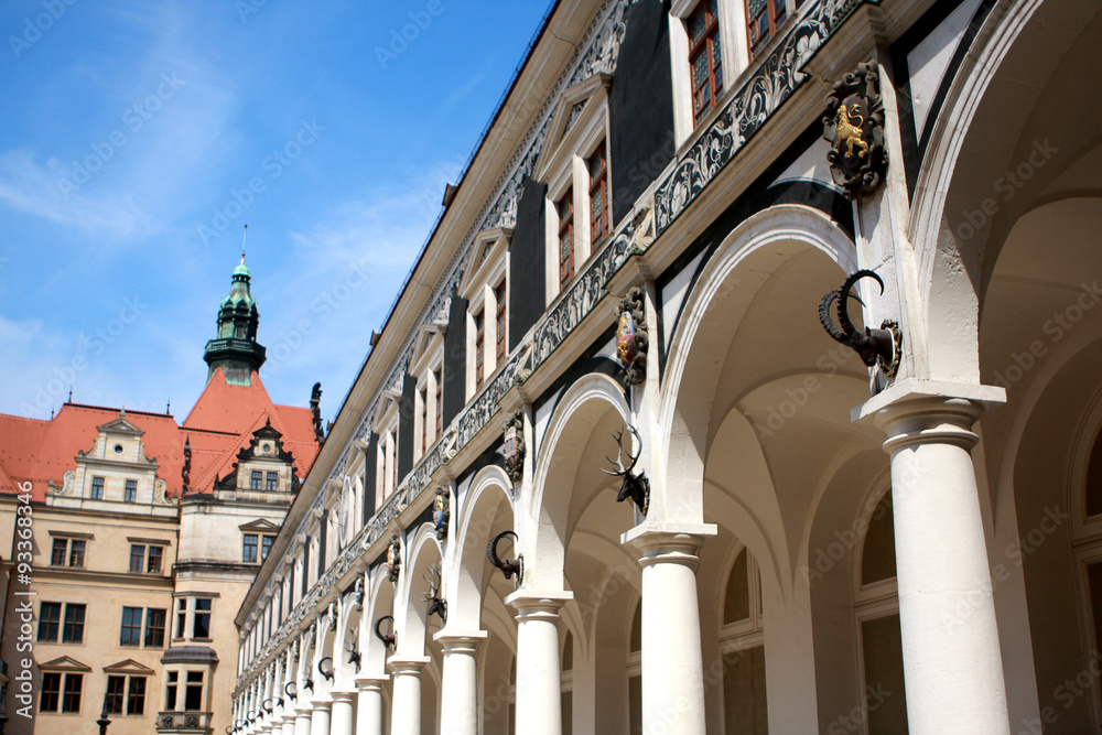 Columns in the courtyard of the Procesion Del Principe building in Dresden, Germany