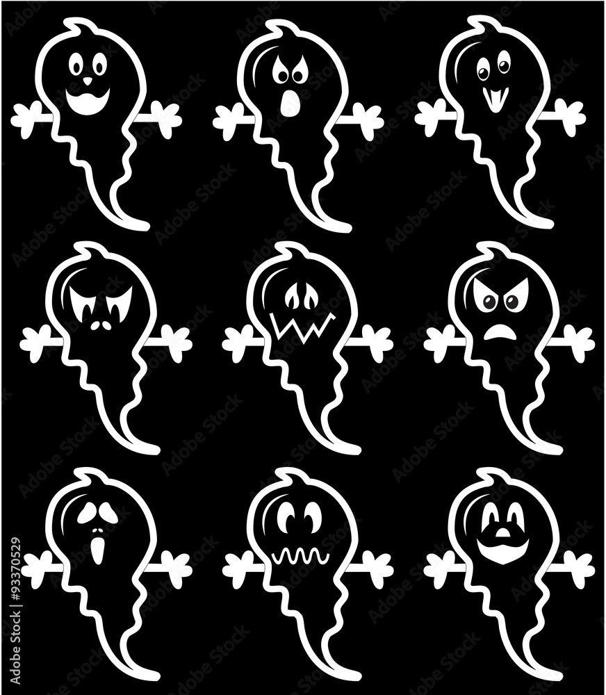 Scary Halloween ghosts characters icons set in black and white on black background
Scary Halloween ghosts characters icons set in black and white on black background