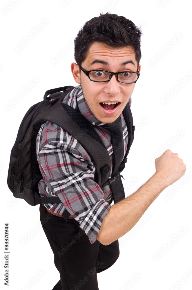Young employee with backpack isolated on white Young employee with backpack isolated on white