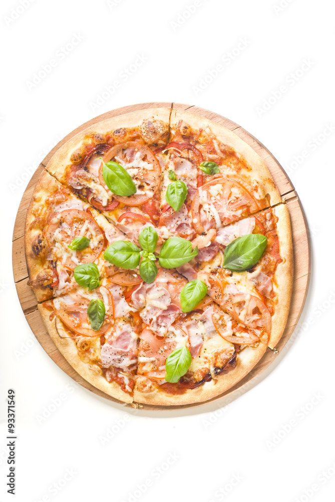 Pizza with ham on white background
