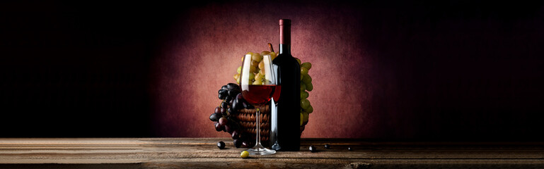 Wine with grape in basket