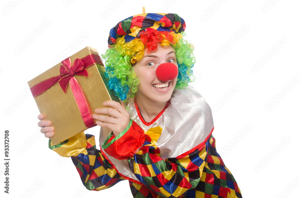 Clown with giftbox isolated on white Clown with giftbox isolated on white