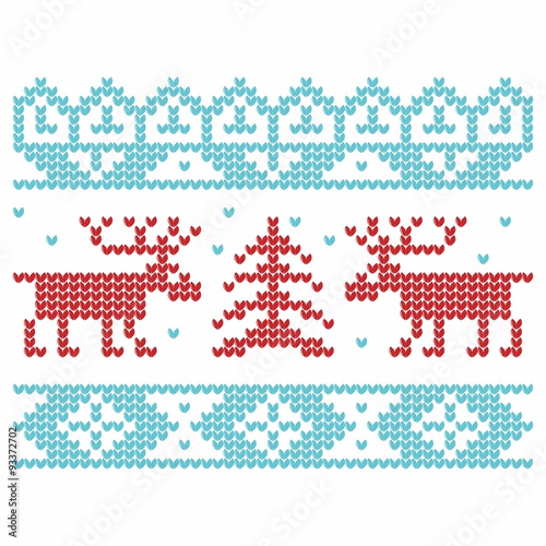 Knitted pattern. Christmas, deers, snow, hearts.