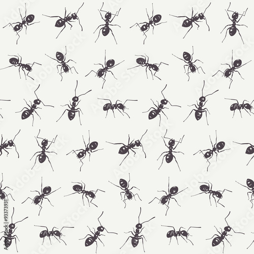 Group of black ants isolated on a white background. Vector seamless pattern