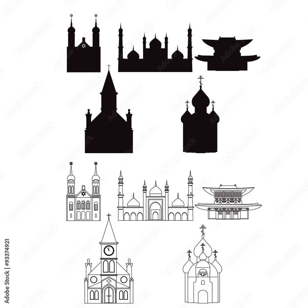 vector illustration of temples. symbols of most popular religions