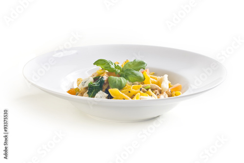 Obraz na płótnie Pasta with grilled chicken, gorgonzola cheese and tomato w salonie