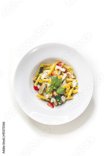 Obraz na płótnie Pasta with grilled chicken, gorgonzola cheese and tomato w salonie
