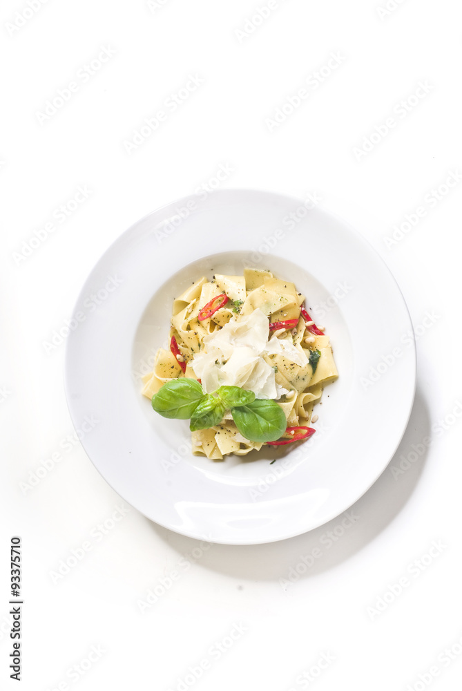 Pappardelle (wide ribbon pasta) with chilli pepper and pine nuts