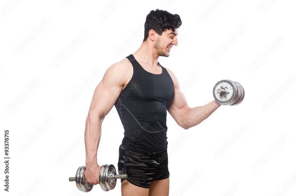 Man with dumbbells isolated on white Man with dumbbells isolated on white