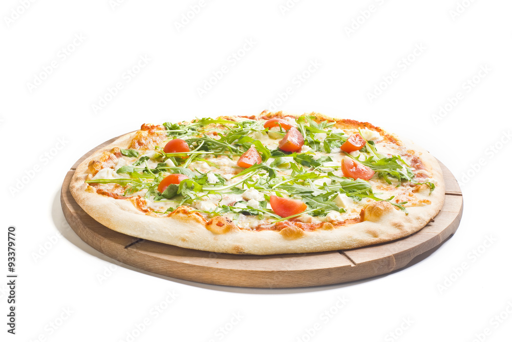 vegetarian pizza with tomatoes, arugola and gorgonzola cheese on white background