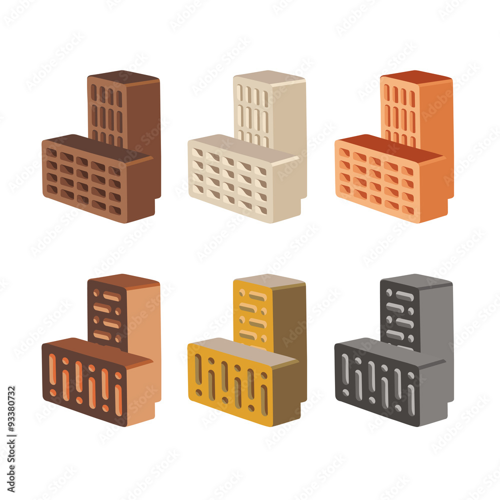 Set with bricks different color, isolated on white background. 