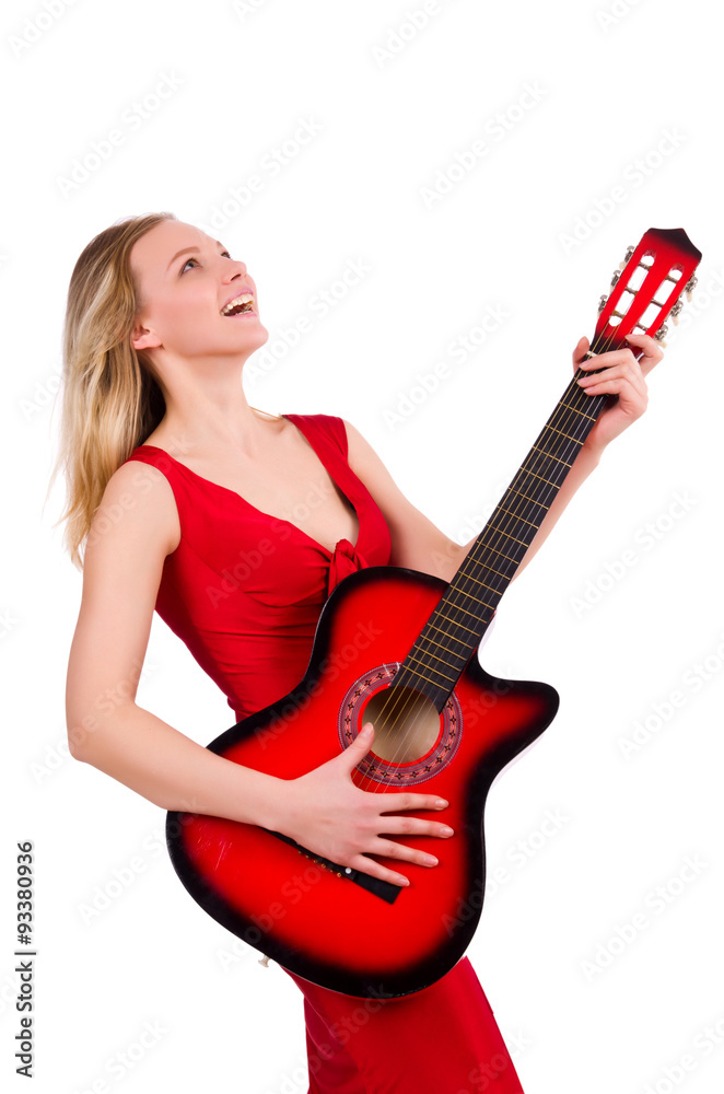 Blond hair woman with guitar isolated on white Blond hair woman with guitar isolated on white
