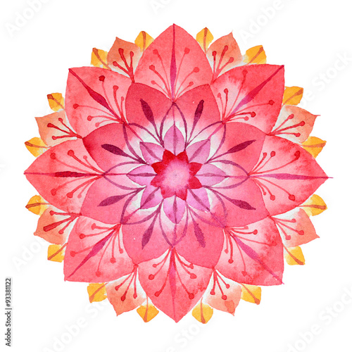 Pink flower hand drawn mandala in watercolors technique