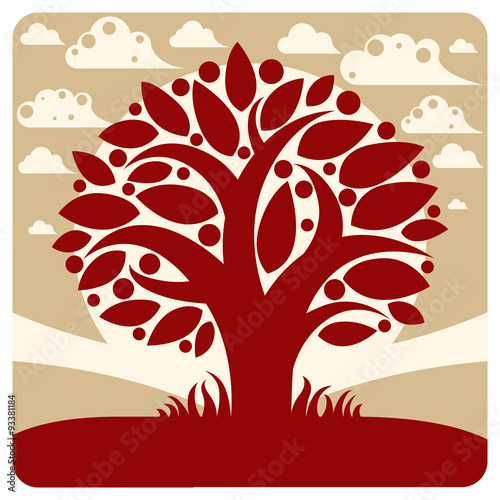 Fruity tree with ripe apples placed on stylized background.